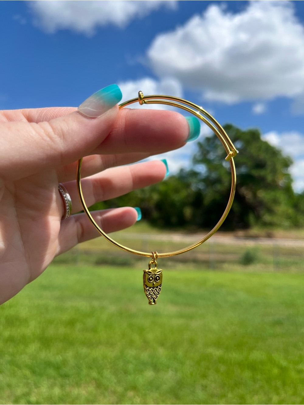 Handmade Gold Owl Charm Bangle Bracelet - Women Jewelry